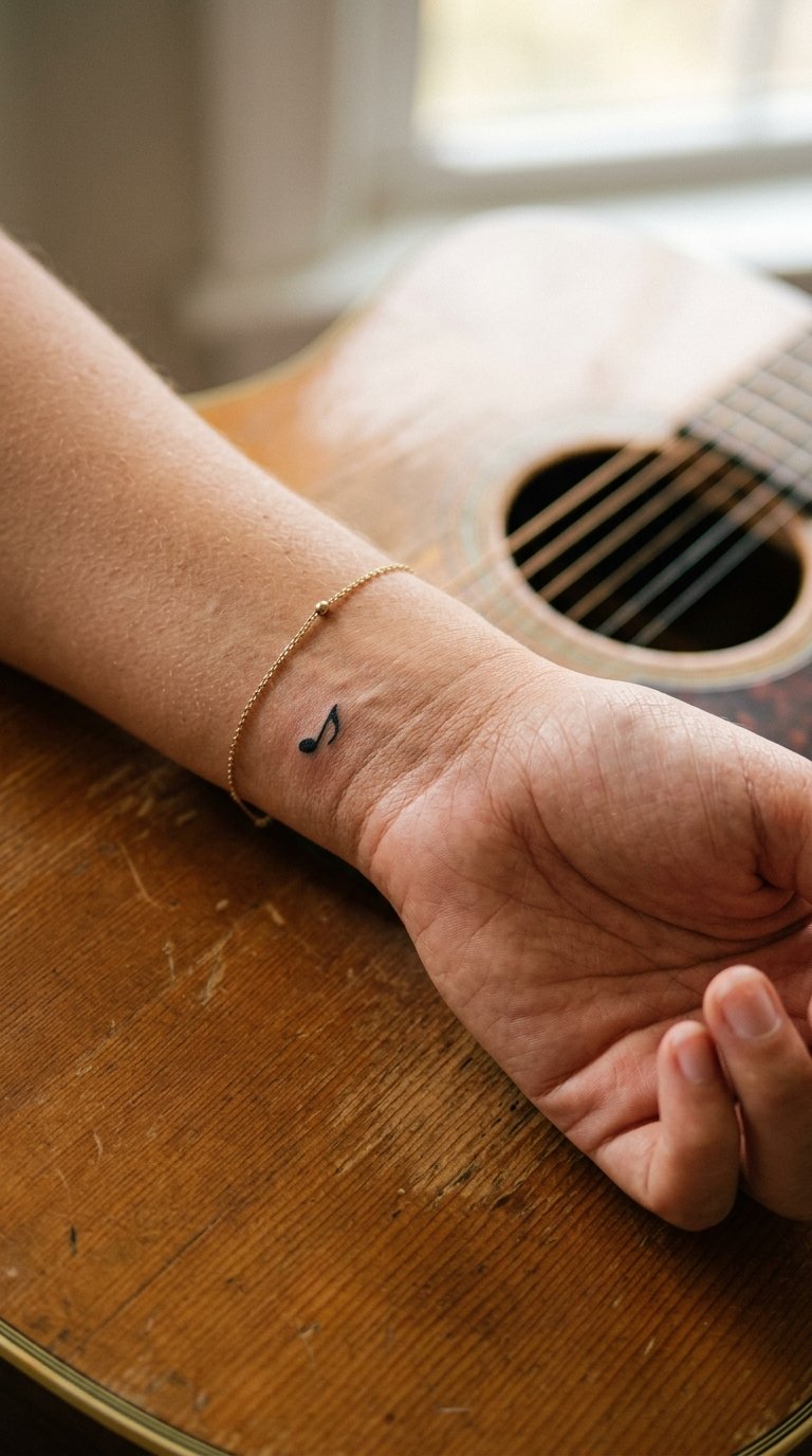 prompt=A casual photo. A casual photo of A photo of a woman's wrist as she plays a piano. A small eighth note is tattooed near the base of her thumb. The photo is a bit moody, with shadows falling across the keys and her hand.. It's a casual photo.
negativePrompt=
guidanceScale=7
seed=288184886
