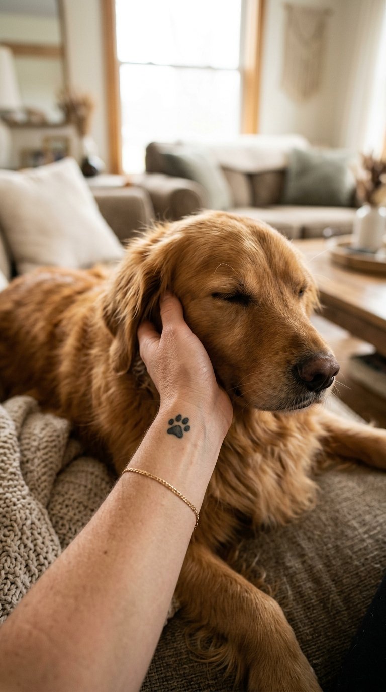 prompt=A casual photo. A casual photo of A photo of a woman's wrist resting on the head of a golden retriever. A small, black ink paw print is tattooed on her inner wrist. The photo is warm and full of love, showing the bond between a pet and its owner.. It's a casual photo.
negativePrompt=
guidanceScale=7
seed=39206643