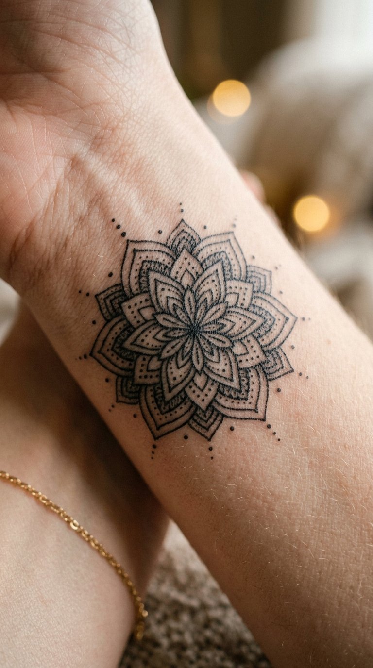 prompt=A casual photo. A casual photo of A photo of a woman's wrist resting on a colorful woven rug. The tattoo is a small, circular mandala with intricate geometric patterns. The shading is soft, and the lines are very precise and symmetrical.. It's a casual photo.
negativePrompt=
guidanceScale=7
seed=609493153