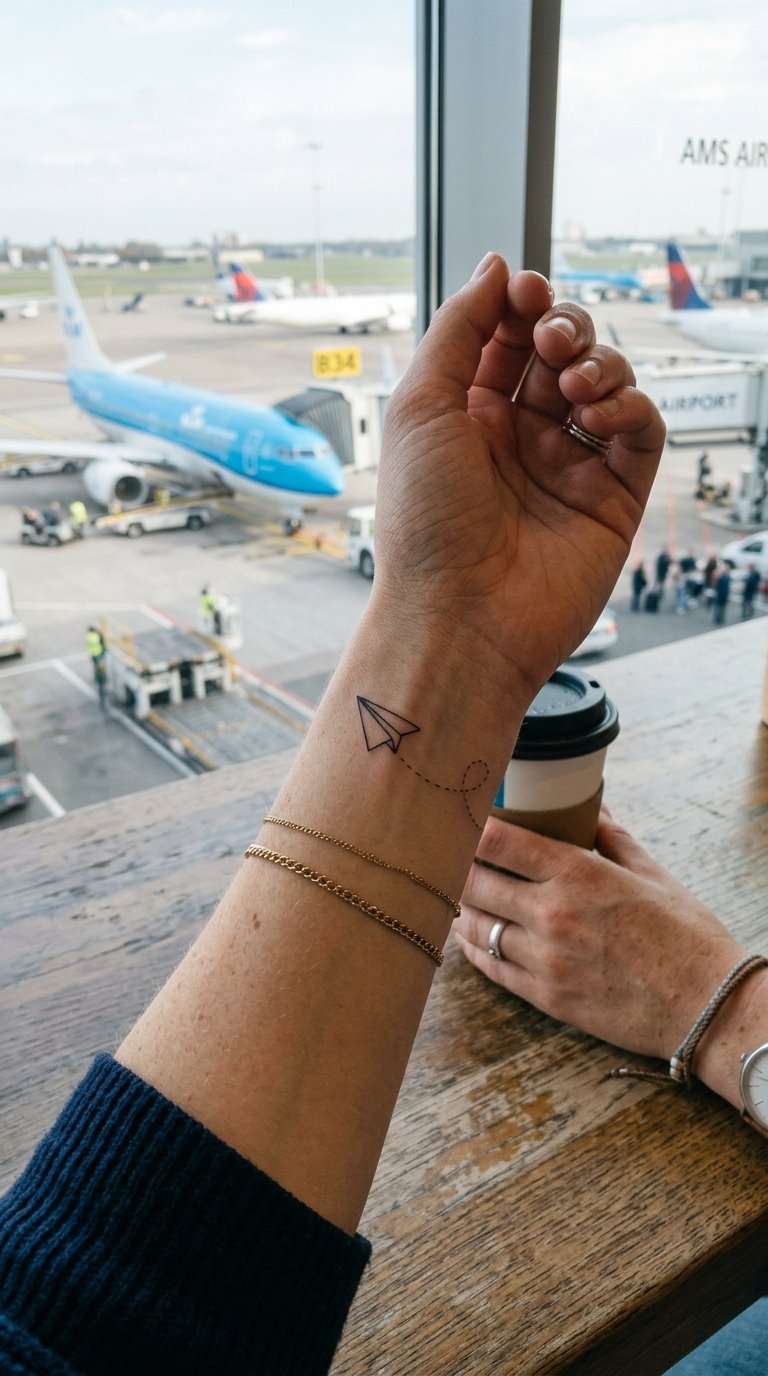 prompt=A casual photo. A casual photo of A photo of a woman's wrist as she holds a small paper airplane. The tattoo is a matching tiny paper airplane with a dotted line showing its flight path. The photo is fun and lighthearted, taken in a bright, sunny room.. It's a casual photo.
negativePrompt=
guidanceScale=7
seed=203802083
